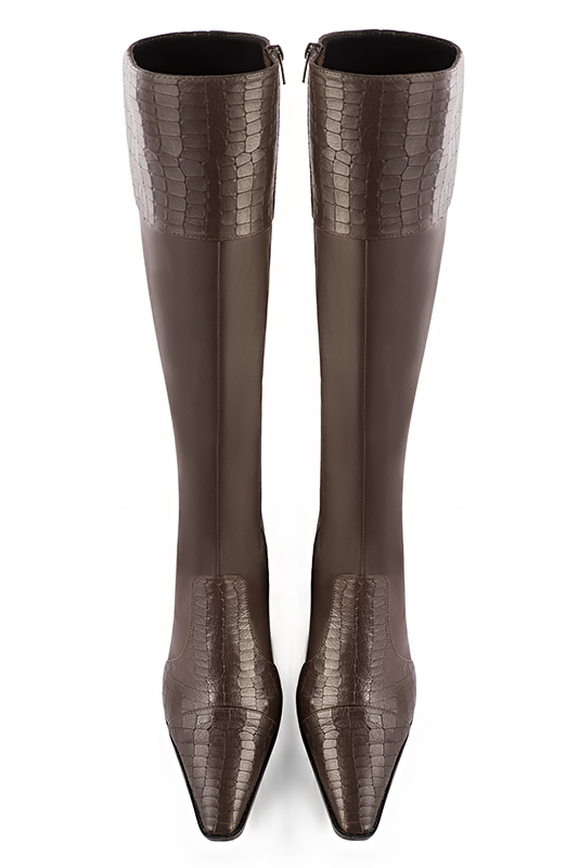 Dark brown women's riding knee-high boots. Tapered toe. Low leather soles. Made to measure. Top view - Florence KOOIJMAN